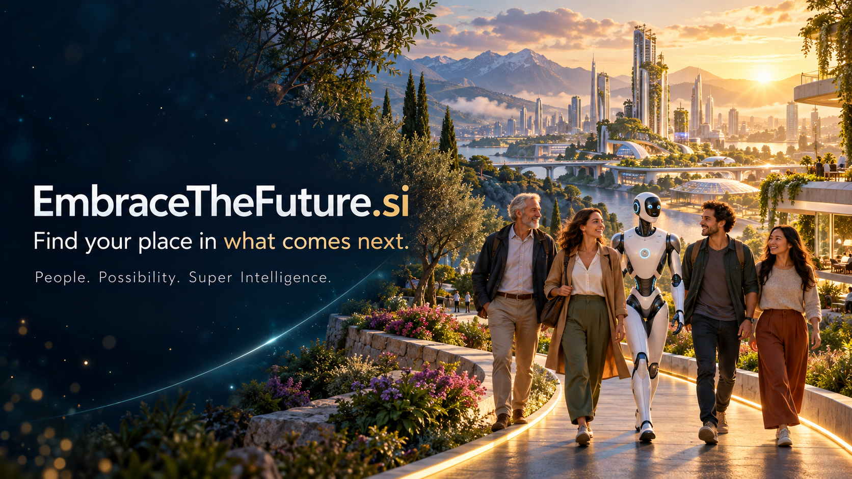 People of different generations walk together with a friendly robot toward a sunlit future city.